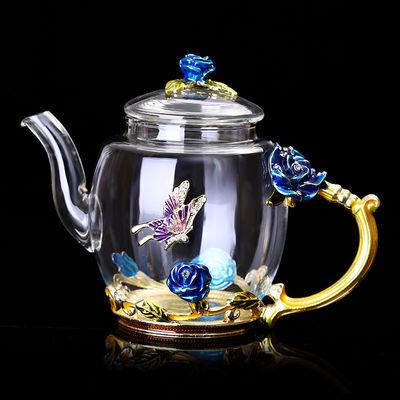 380 مل إبريق الشاي الزجاجي الأزهار مع مجموعة إبريق الشاي خمر الأزهار حافة أوراق الذهب